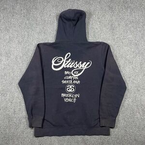 Stussy World Tour Logo Hoodie Mens Large Faded Black Sweatshirt 0965